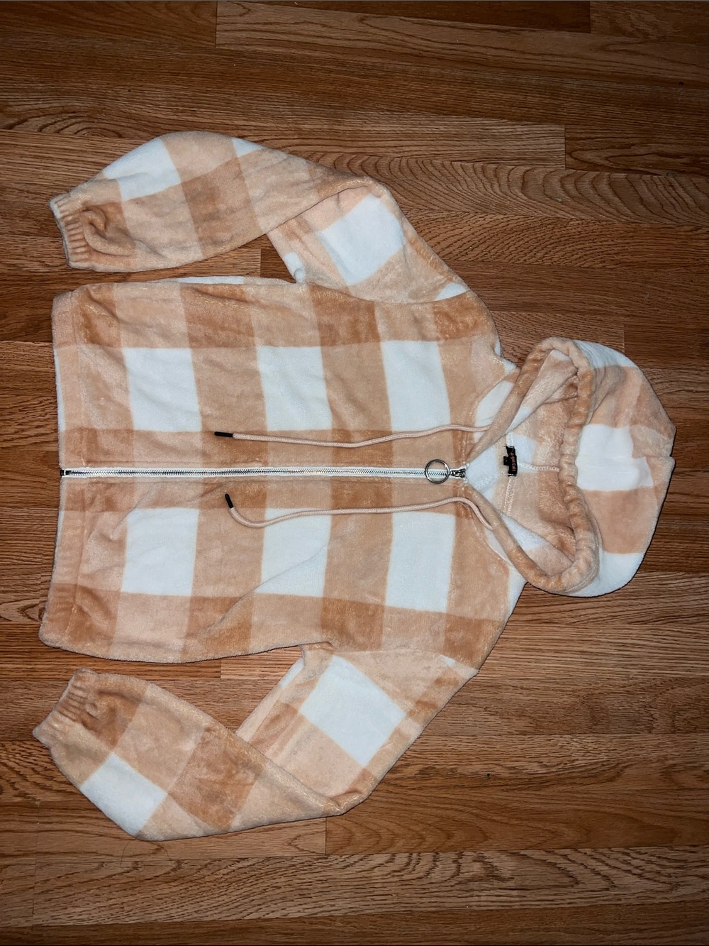 Angel Cult Plush Checkered Zip Hoodie - Tan & White